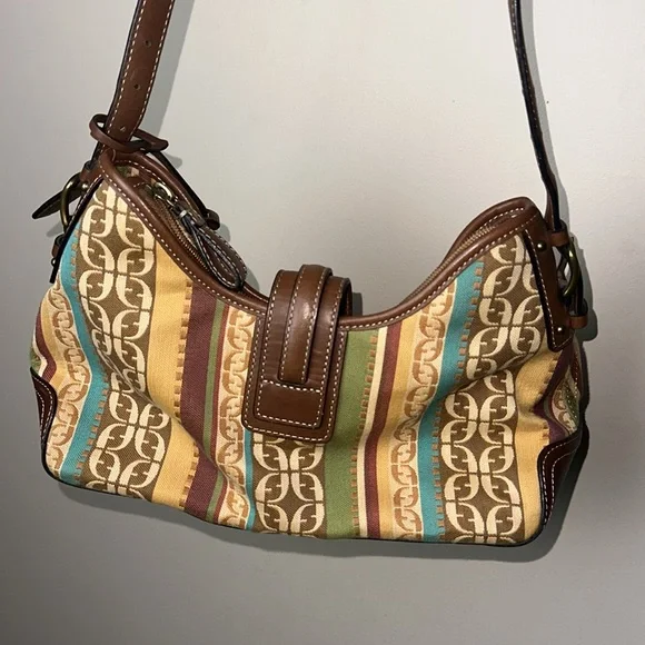 Fossil Shoulder Bag Brown Leather Monogram and Striped Canvas - Picture 5 of 15